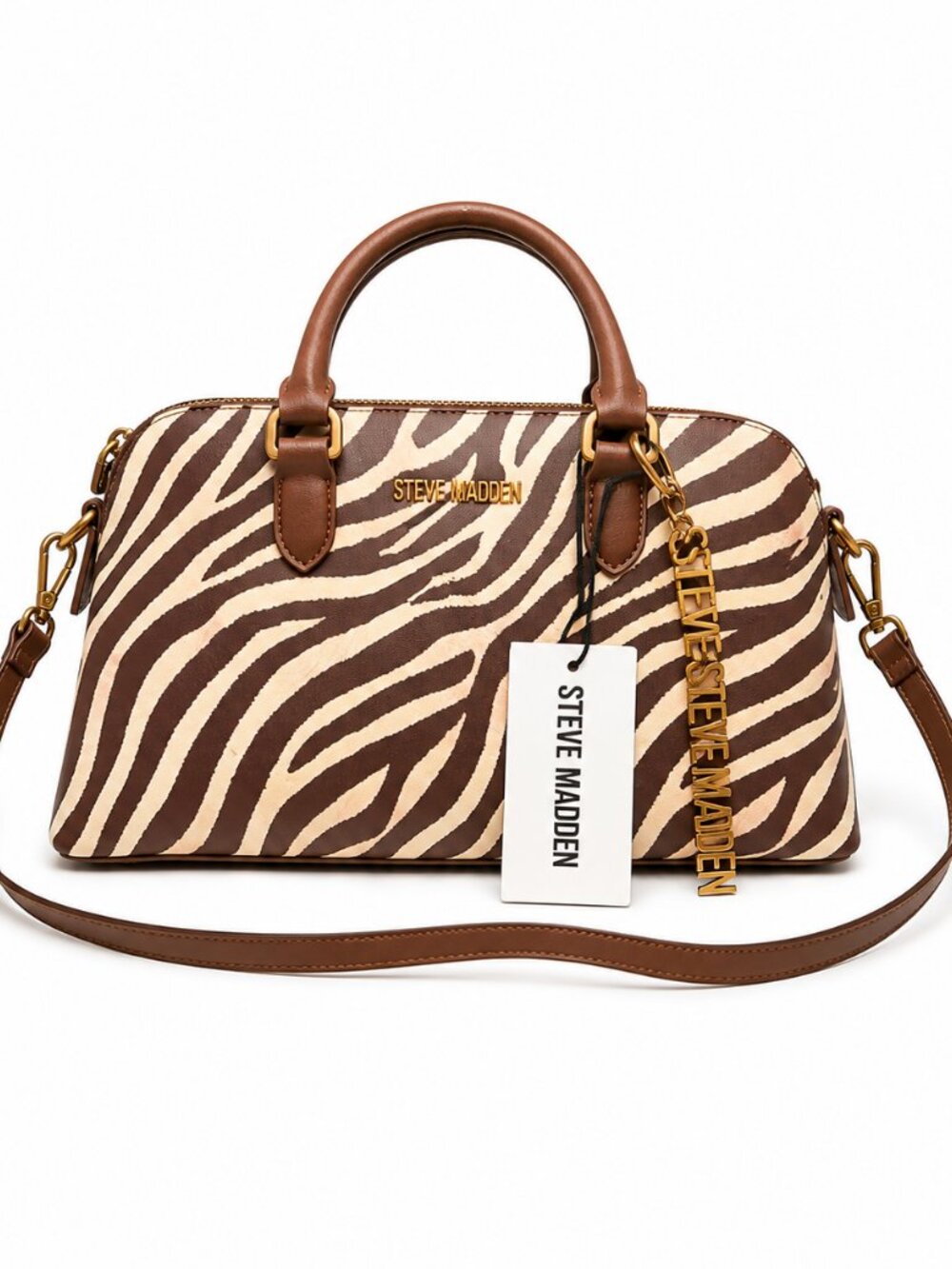 Steve Madden Zebra Print Satchel Crossbody Bag Brown Cream Animal Print NWT